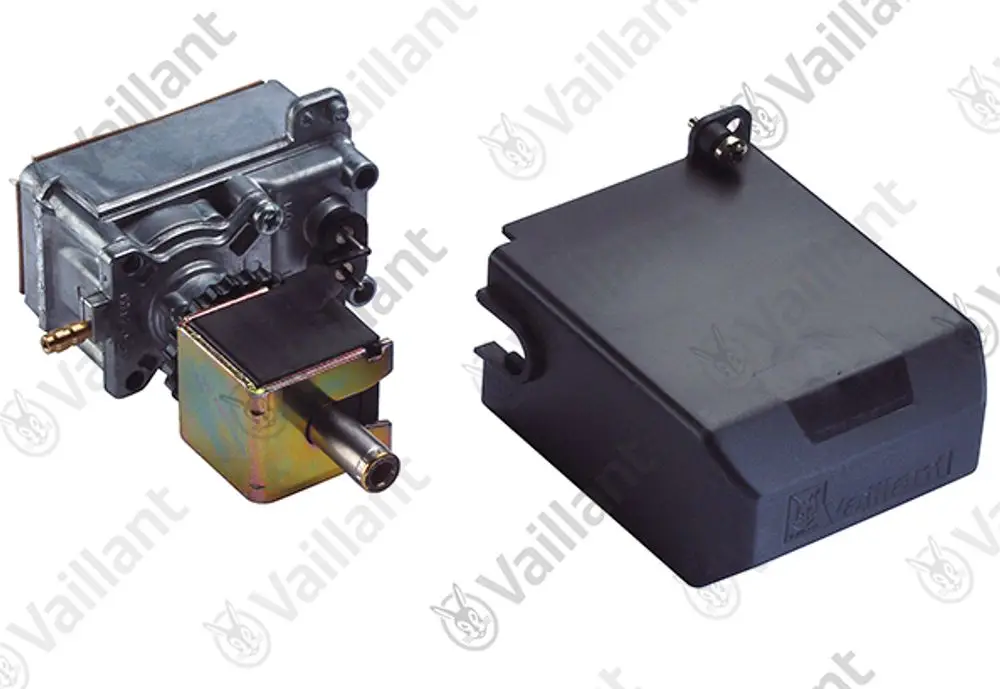 Vaillant Servodruckregler mit einer Metallkonstruktion und einem Kunststoffgehäuse, bestehend aus einem mechanischen Teil und einer Elektronikbox.